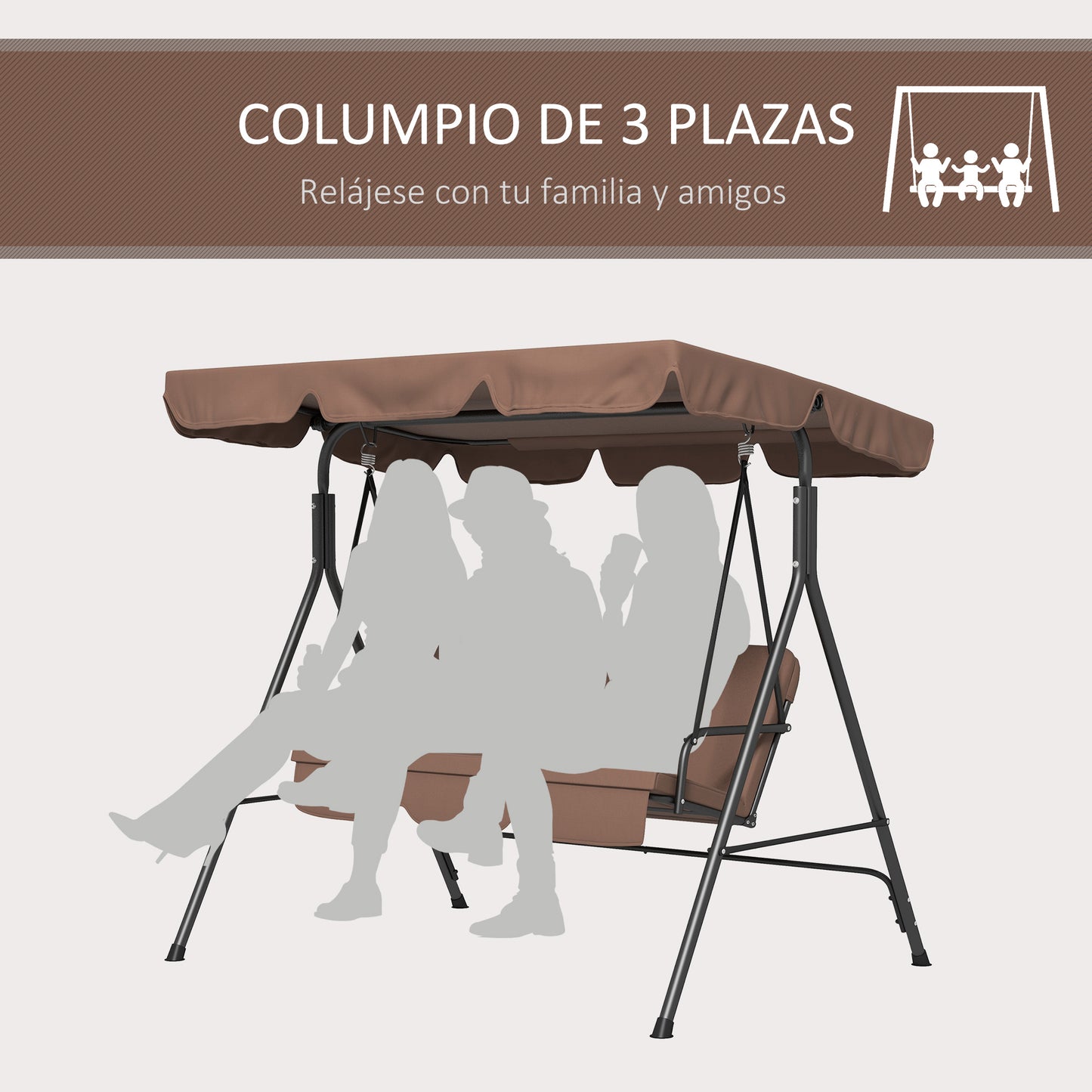 Outsunny Columpio De Jardín De 3 Plazas Con Techo Ajustable 172x110x153cm Marrón_5