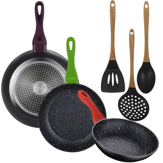 Pack De 3 Sartenes De 20/24/28cm En Aluminio Forjado + Set De 3 Utensilios De Cocina En Silicona