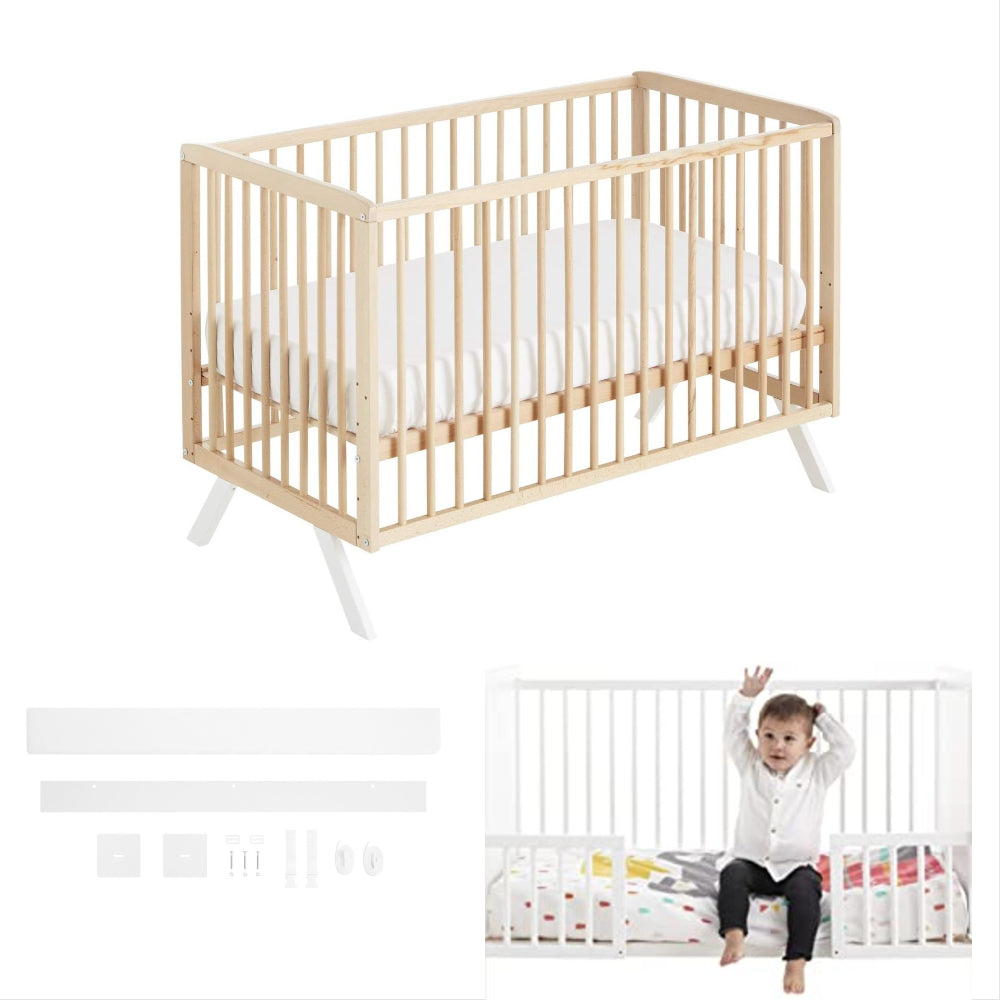 Cuna Colecho De Bebé Koala Estilo Nórdico Natural 120x60cm Madera De Haya Convertible En Cama Con Barandillas Blancas_0
