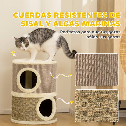 Pawhut Barril Rascador Para Gatos De 2 Niveles 49 Cm Con Cama Caqui Y Café_5