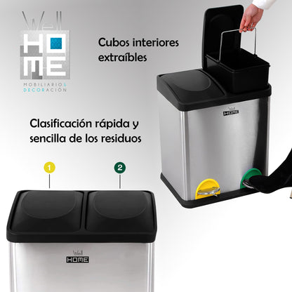 Cubo De Reciclaje Ecológico 30 Litros De 2 Compartimentos, Gran Capacidad, Para Papel, Vidrio Y Plástico_2
