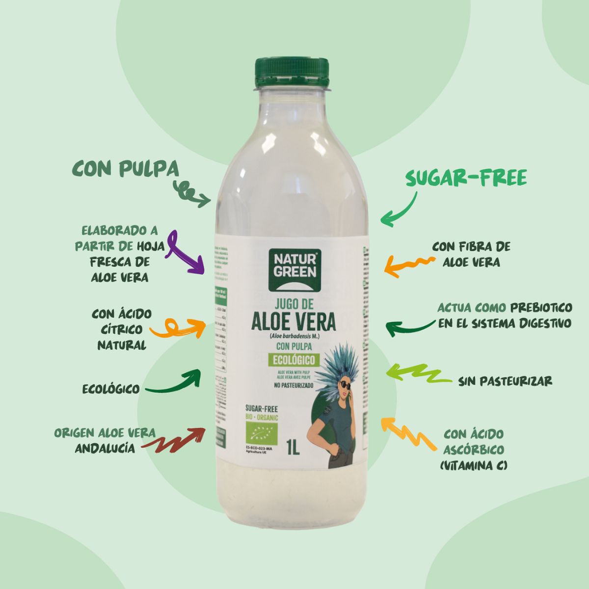 Jugo de aloe vera con ágave, limón y gengibre NaturGreen 1 L