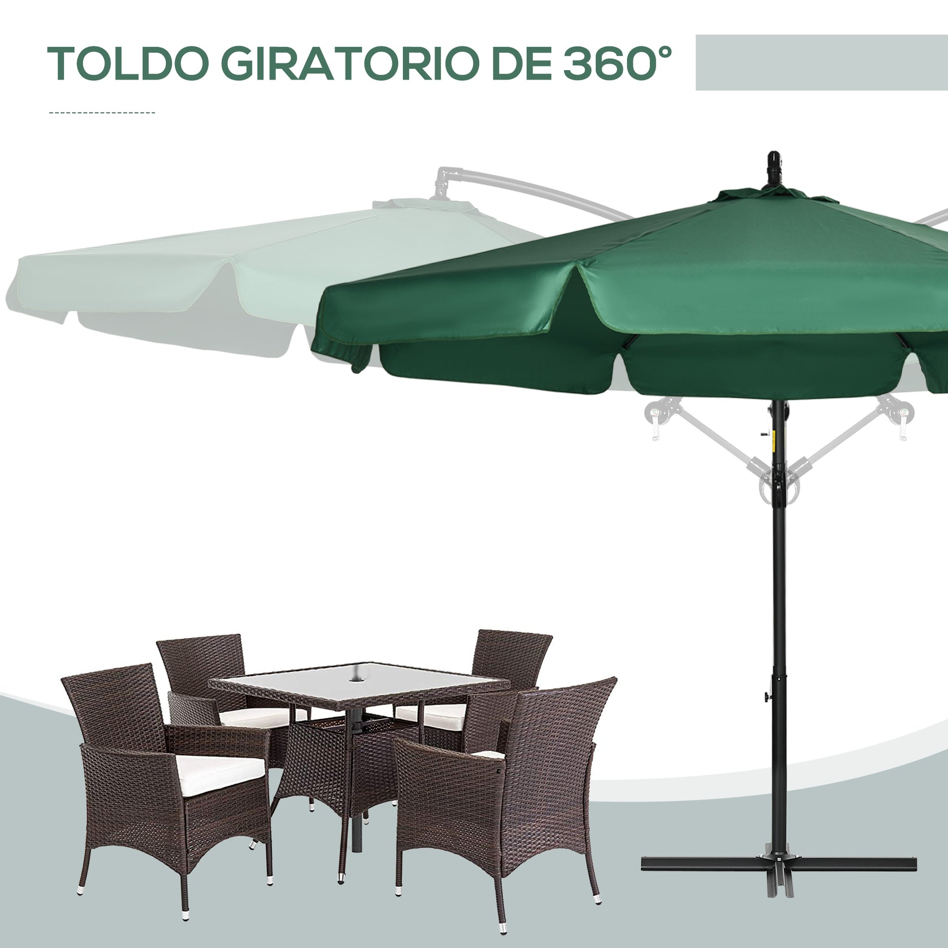 Outsunny Sombrilla De Jardín Ø293x240 Cm Con Rotación De 360° Manivela Verde_5
