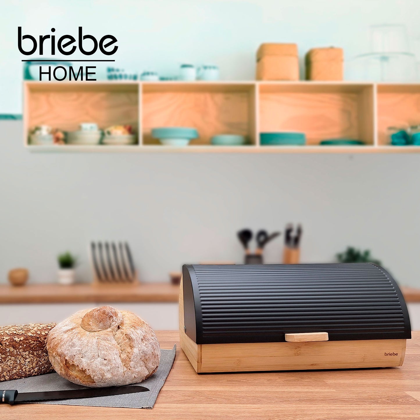 Panera Para Guardar Pan De Mesa Madera Bambú, Tapa Deslizante Bread Box Almacenamiento Bollería, Briebe, Bb1162, Negro_1