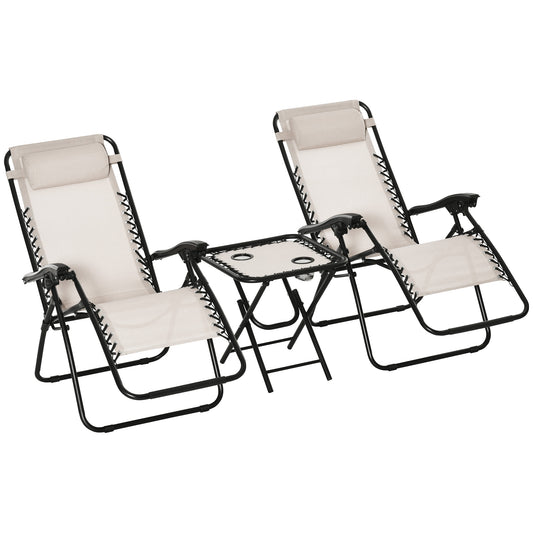 Outsunny 2 Sillas De Gravedad Cero Plegables Mesa Auxiliar Con Portavasos Beige_0