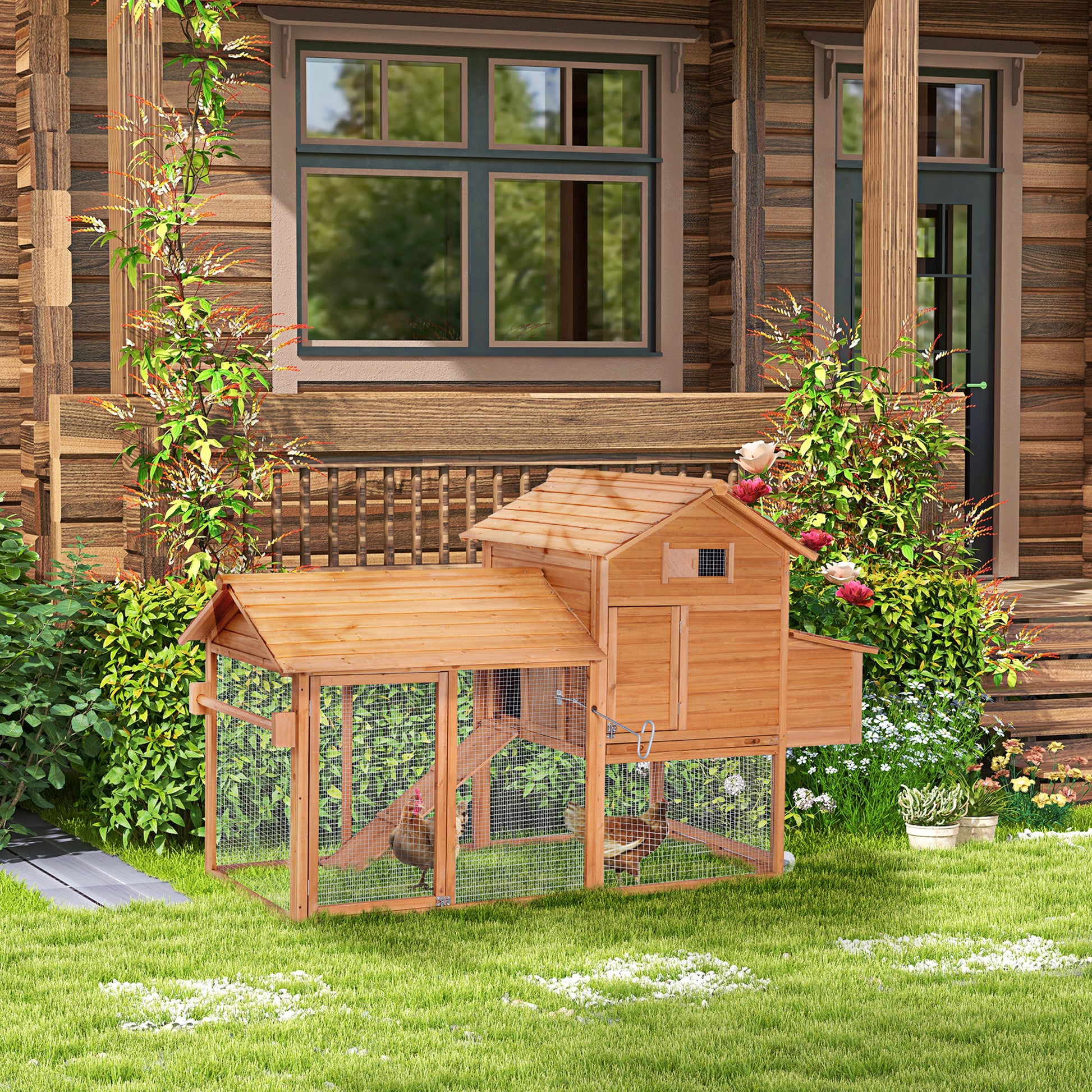 Pawhut Gallinero Exterior Madera Corredor Techo Abatible Y 2 Ruedas Rampa_1