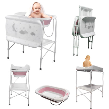Bathby | Bañera Bebé 5 En 1 Plegable Con Soporte, Cambiador, Bandejas, Desagüe (rosa Standard)_1