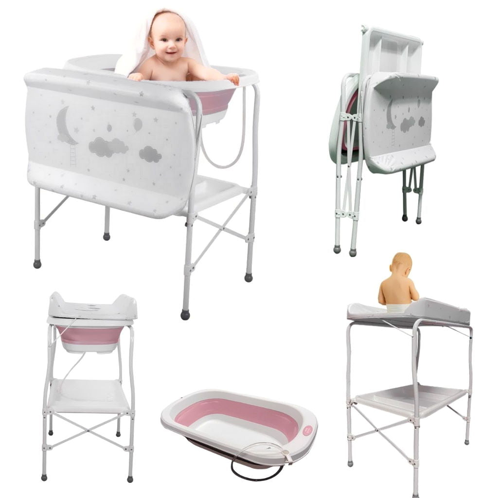 Bathby | Bañera Bebé 5 En 1 Plegable Con Soporte, Cambiador, Bandejas, Desagüe (rosa Standard)