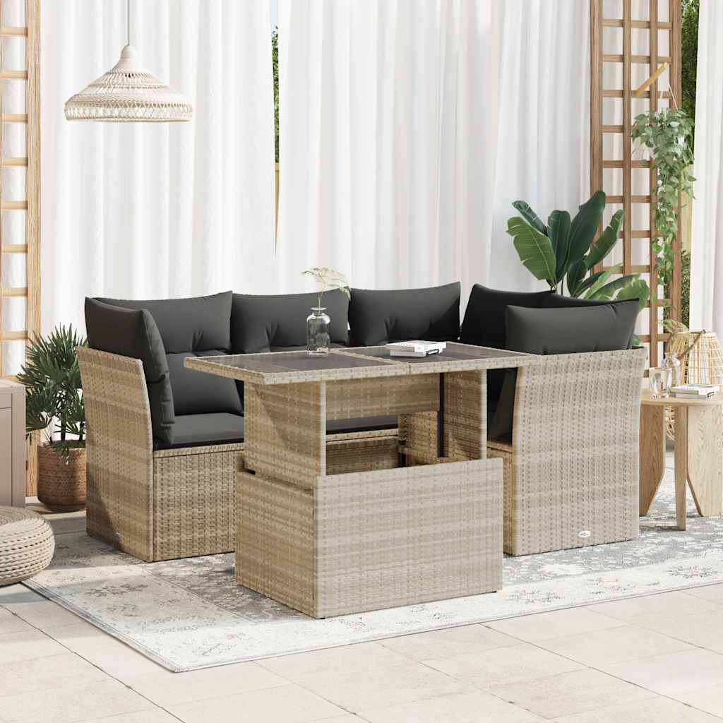 Set De Sofás Jardín Y Cojines 5 Pzas Ratán Sintético Gris Claro / Vetonek_2