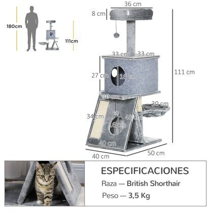 Pawhut Árbol Rascador Para Gatos Altura 111 Cm Cama Cueva Hamaca Bola Colgante_2