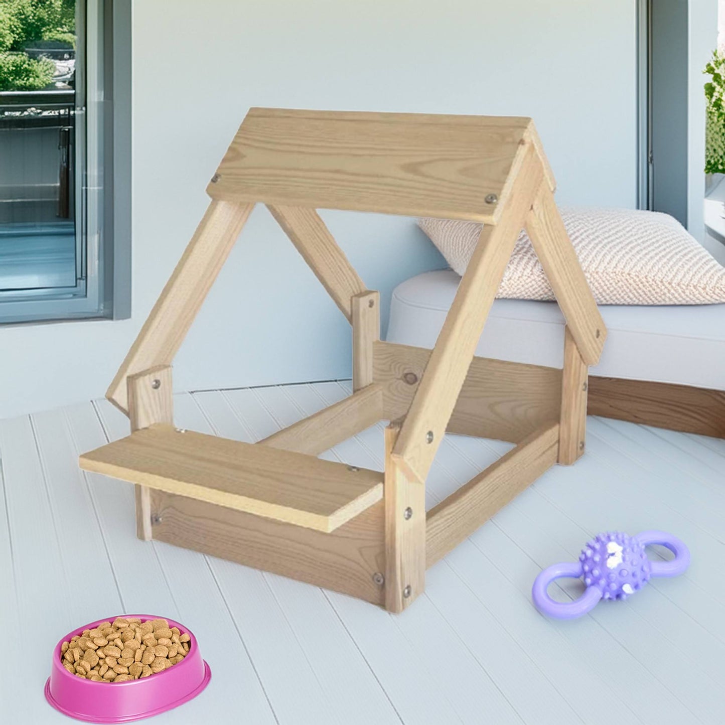Well Home Caseta Para Perros De Interior, Estructura De Madera Con Soporte Para Cuencos Color Madera_3