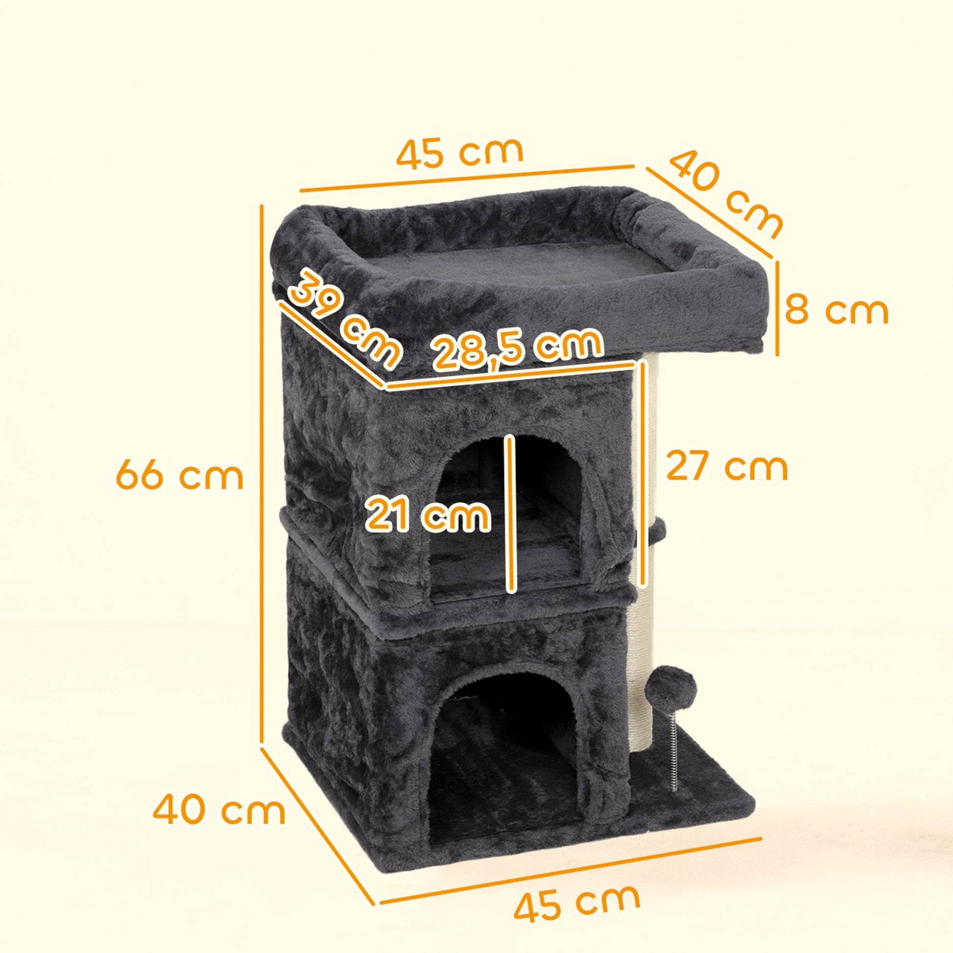 Pawhut Árbol Rascador Para Gatos 66 Cm Con Cama 2 Cuevas Poste Bola Gris Oscuro_2
