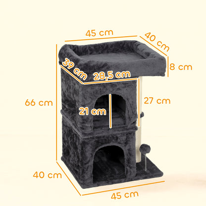 Pawhut Árbol Rascador Para Gatos 66 Cm Con Cama 2 Cuevas Poste Bola Gris Oscuro_2