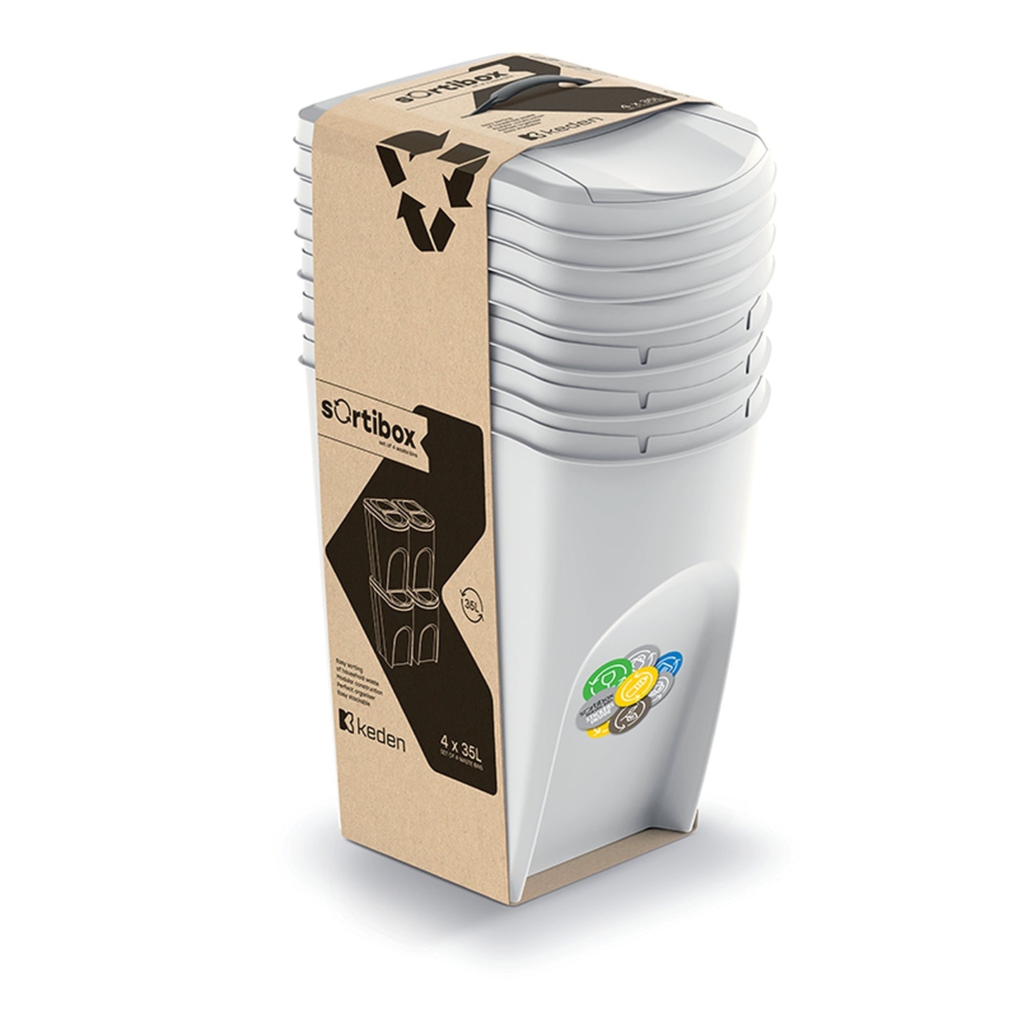 Set De 4 Cubos De Basura Keden Sortibox Papelera Reciclaje, Blanco Roto, Volumen 4x35l_3