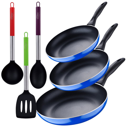 Set 3pc Sarten (16+20+24cm) Aluminio Prensado, Inducción, Azul Navy Paradise Con Set 3pc Utensilios De Cocina Nylon_0
