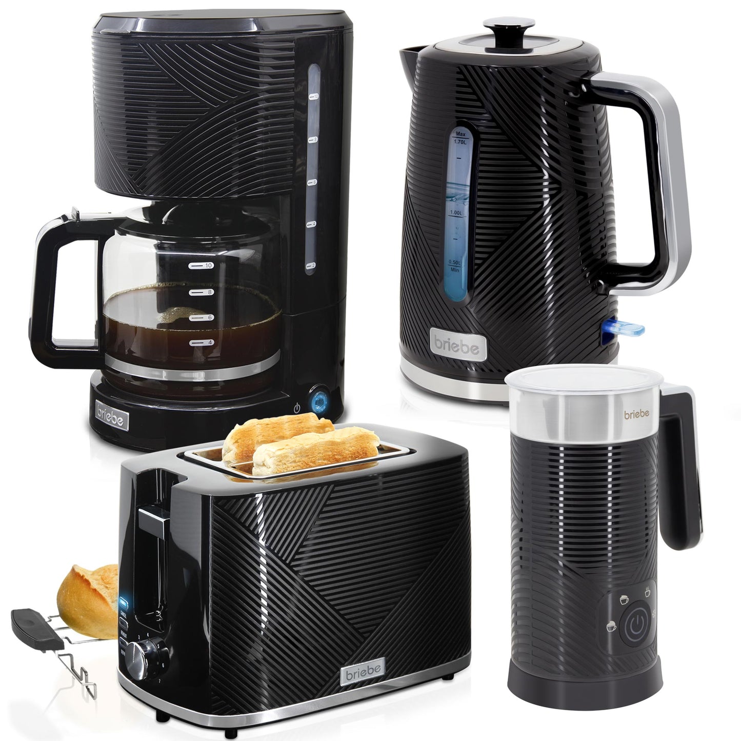 Briebe Elegance Set Tostador Pan 2 Rebanadas, Hervidor Agua Eléctrico Cafetera 1,25l Espumador Leche, Skt1185blk, Negro_0