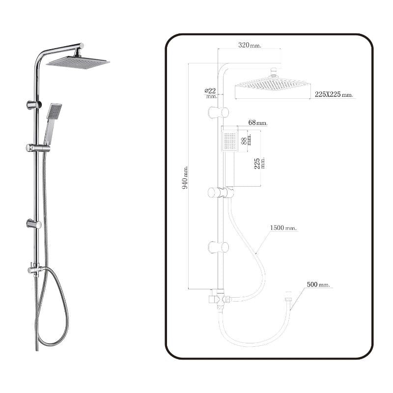 Columna Ducha Universal Multifuncional Completa Cuadrada, Acero Cromado, Rociador Alcachofa Efecto Lluvia 22,5x22,5 Cm.