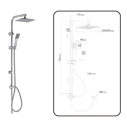Columna Ducha Universal Multifuncional Completa Cuadrada, Acero Cromado, Rociador Alcachofa Efecto Lluvia 22,5x22,5 Cm.