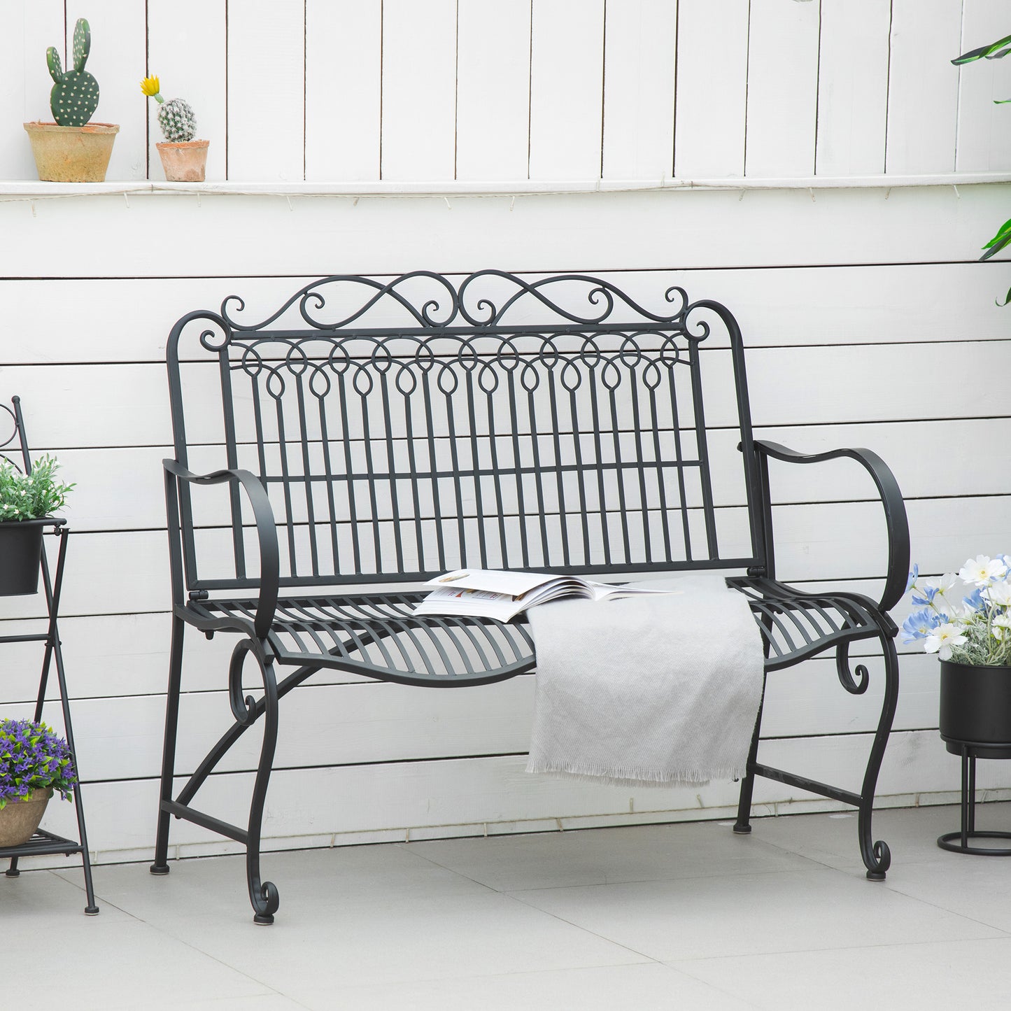 Outsunny Banco Jardín 2 Plazas 110x60x97 Cm Con Reposabrazos Carga 200 Kg Negro_1