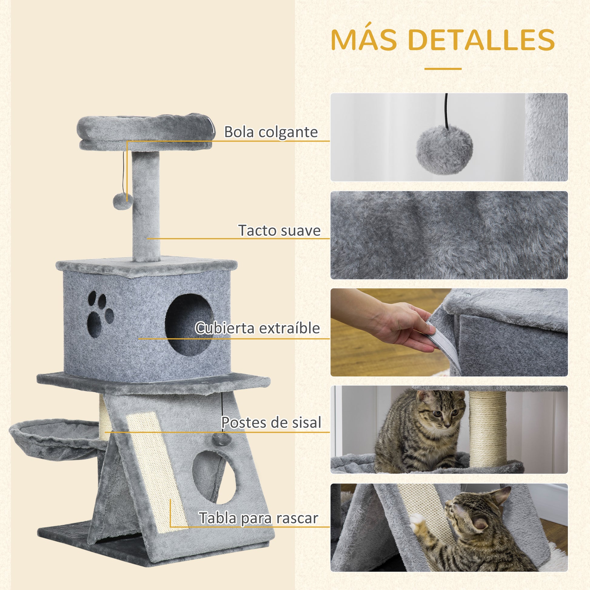 Pawhut Árbol Rascador Para Gatos Altura 111 Cm Cama Cueva Hamaca Bola Colgante_5