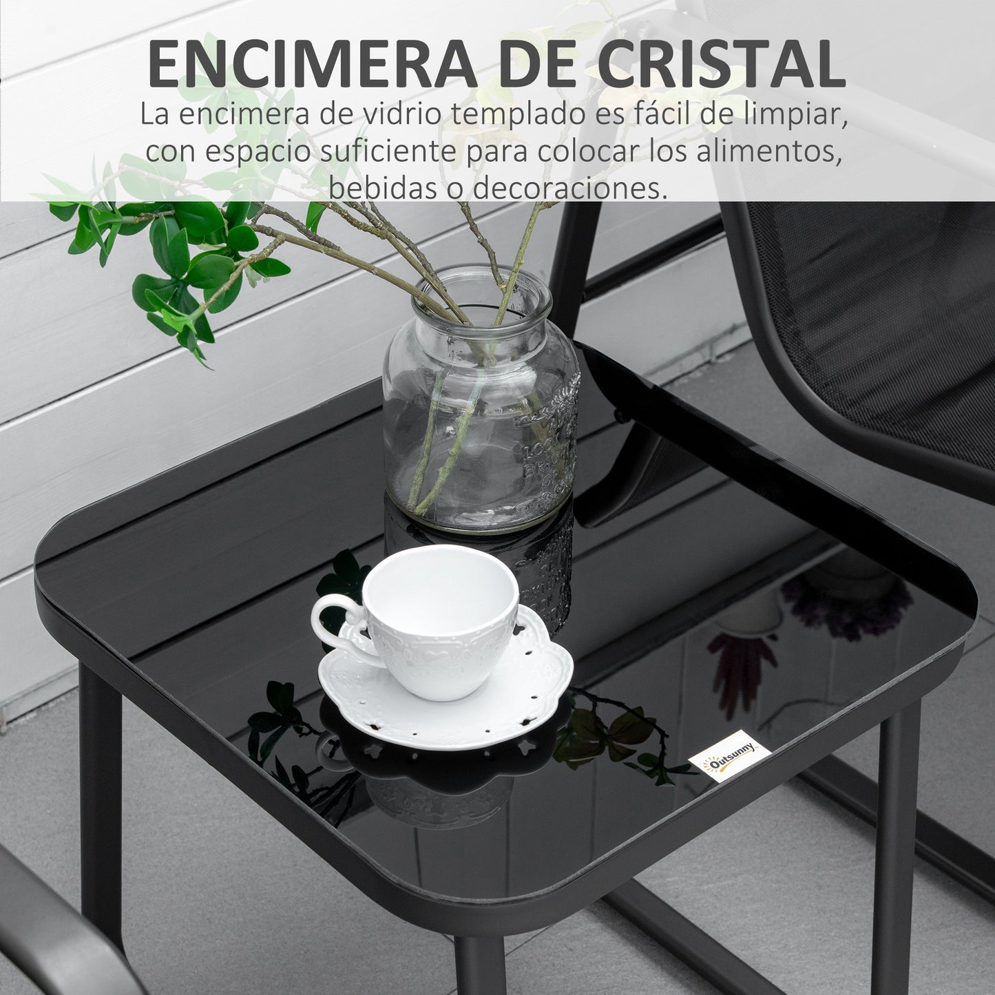 Outsunny Conjunto De Muebles De Jardín 3 Piezas Mesa De Vidrio Y 2 Sillas Negro_5