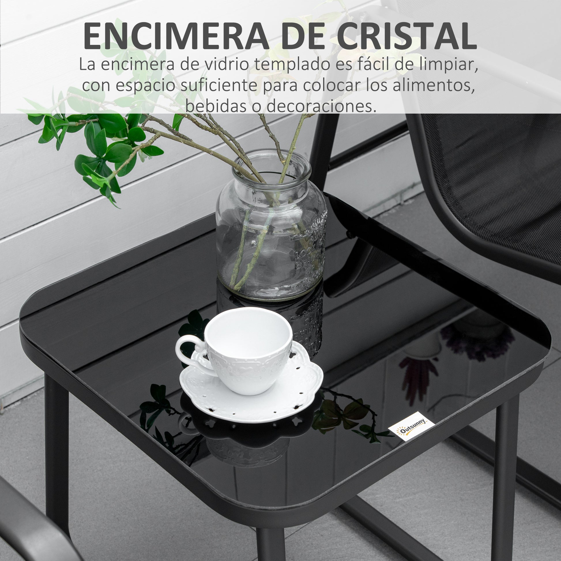Outsunny Conjunto De Muebles De Jardín 3 Piezas Mesa De Vidrio Y 2 Sillas Negro_5