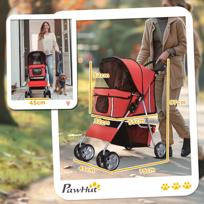 Pawhut Carrito Para Perros Plegable Con Toldo Ajustable 75x45x97 Cm Rojo_2
