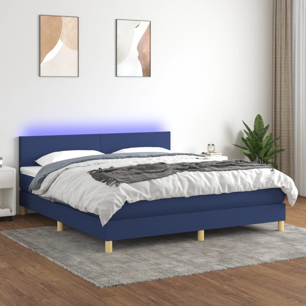 Cama Box Spring Con Colchón Y Led Tela Azul 180x200 Cm / Vetonek_1