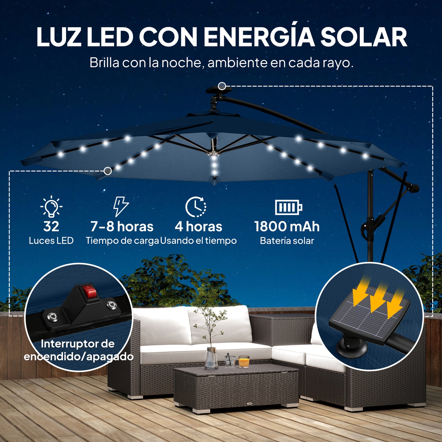 Outsunny Parasol Excéntrico Con Luces Led Solares_3