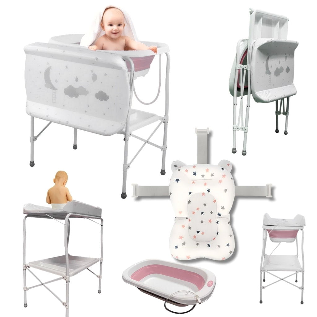 Bathby | Bañera Bebé 5 En 1 Plegable Con Soporte, Cojín Antideslizante, Cambiador (rosa Pro)