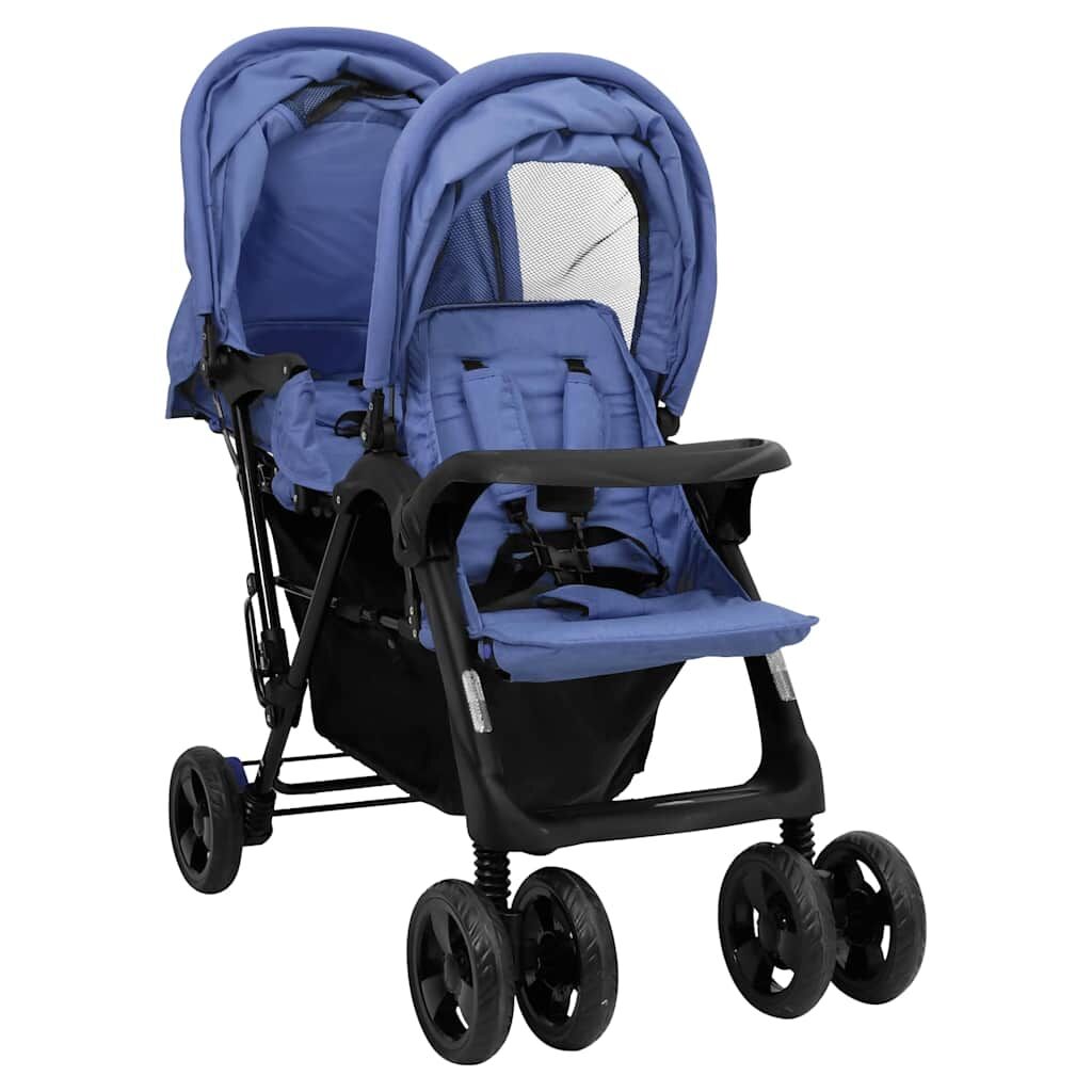 Vidaxl Carrito Para Gemelos Tandem De Acero Azul Marino_1
