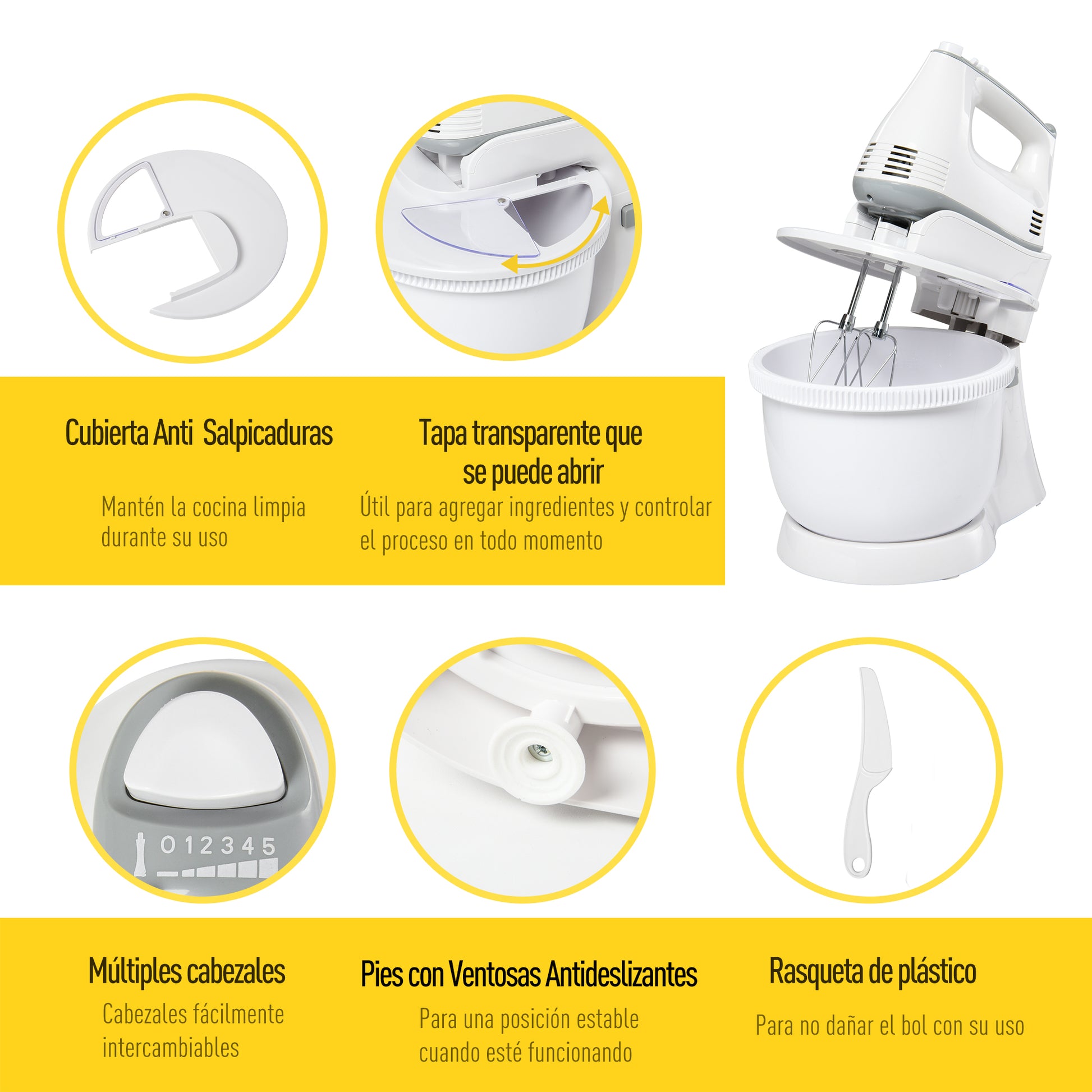 Homcom Batidora Amasadora Repostería 3.4 L 6 Velocidades 300w Acero Inoxidable_3