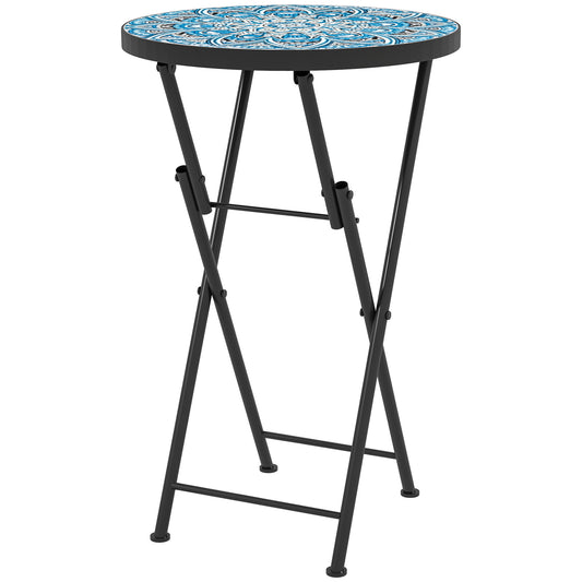 Outsunny Mesa Auxiliar Redonda Plegable Con Encimera De Mosaico Azul_0