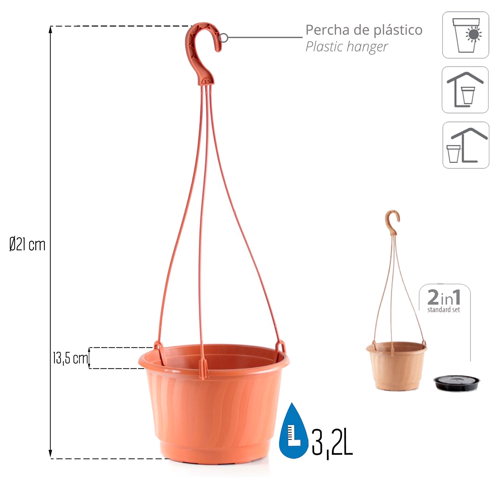 Macetero Colgante Pro 3,2l., Dimensiones (mm) 210x210x135, Color Terracota_2