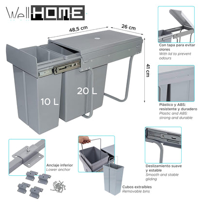 Cubo De Reciclaje 10l+20l Bajo Fregadero, Extracción Manual Y Tapa