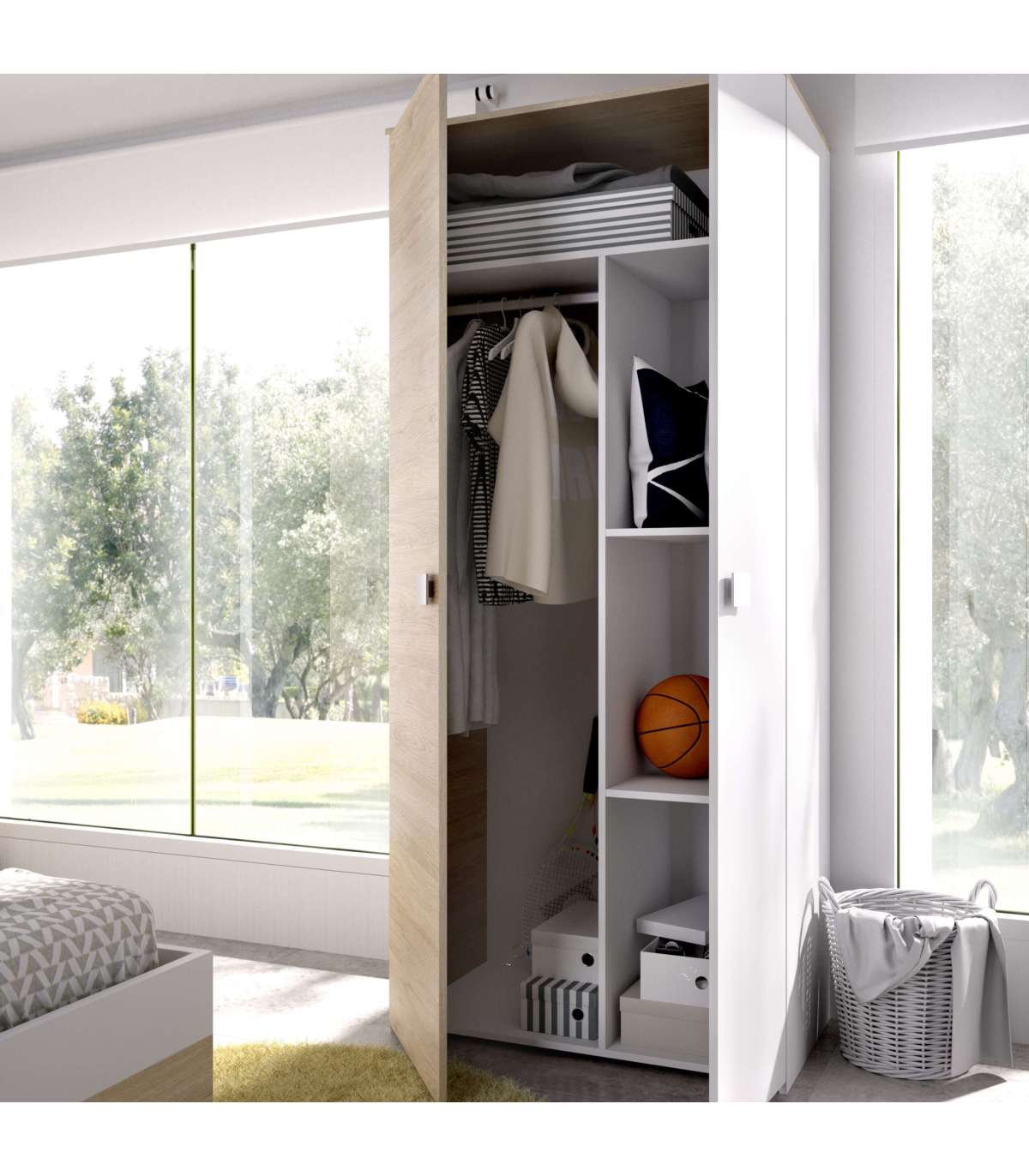 Armario Ropero 2 Puertas Abatibles Santisteban Blanco/natural, 205 Cm(alto) 90 Cm(ancho) 5_3