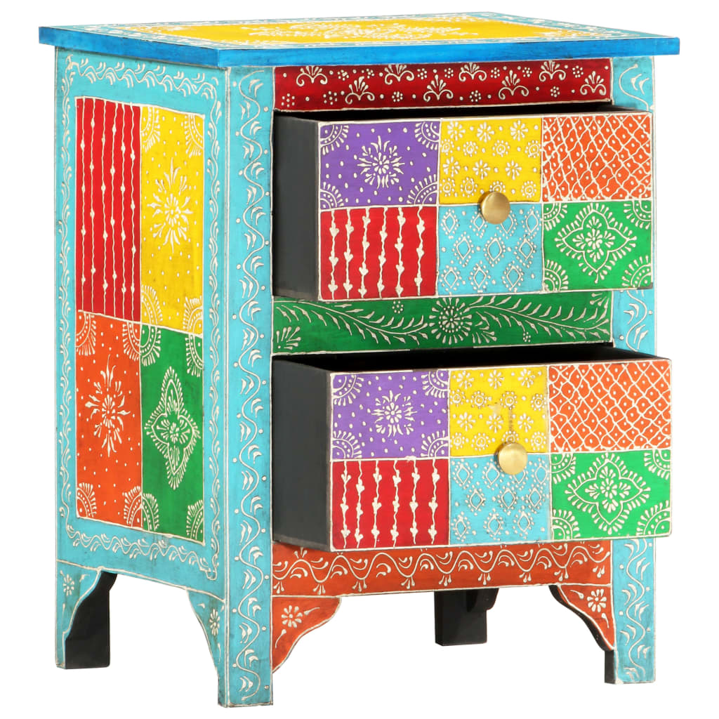 Mesita De Noche Pintada A Mano Madera Maciza Mango 40x30x50 Cm_0