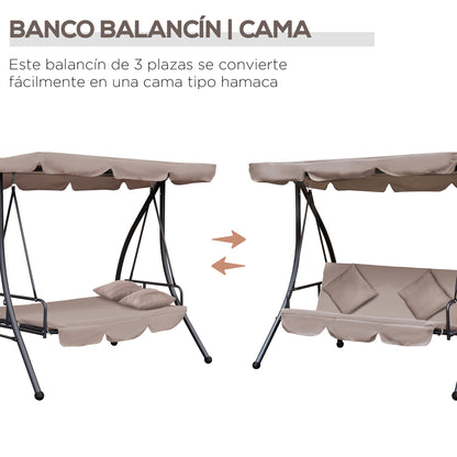 Outsunny Balancín Jardín 3 Plazas Convertible En Cama Con Techo Ajustable Beige_5