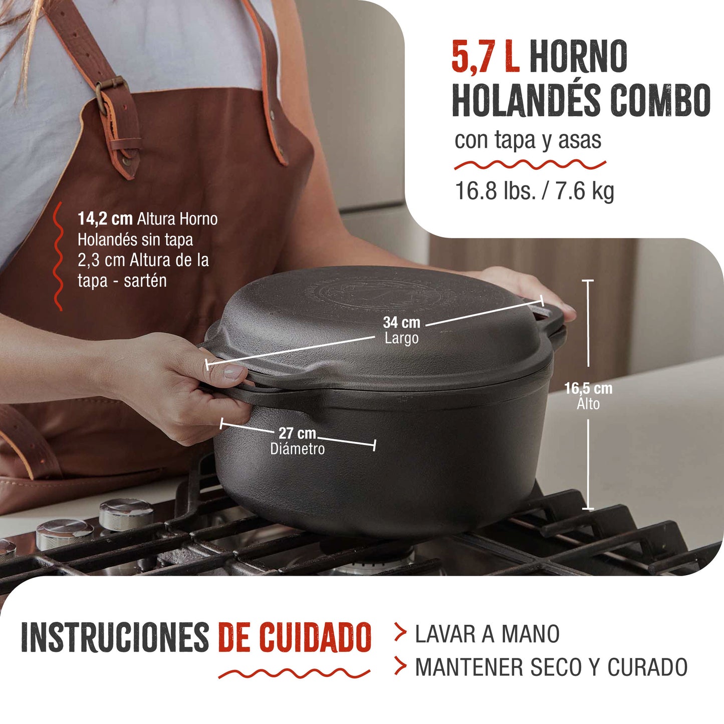 Victoria Horno Holandés Olla Inducción Hierro Fundido Curado 27cm, Tapa - Sartén, 5,7l, Sin Ptfe, 30940, Negro_4