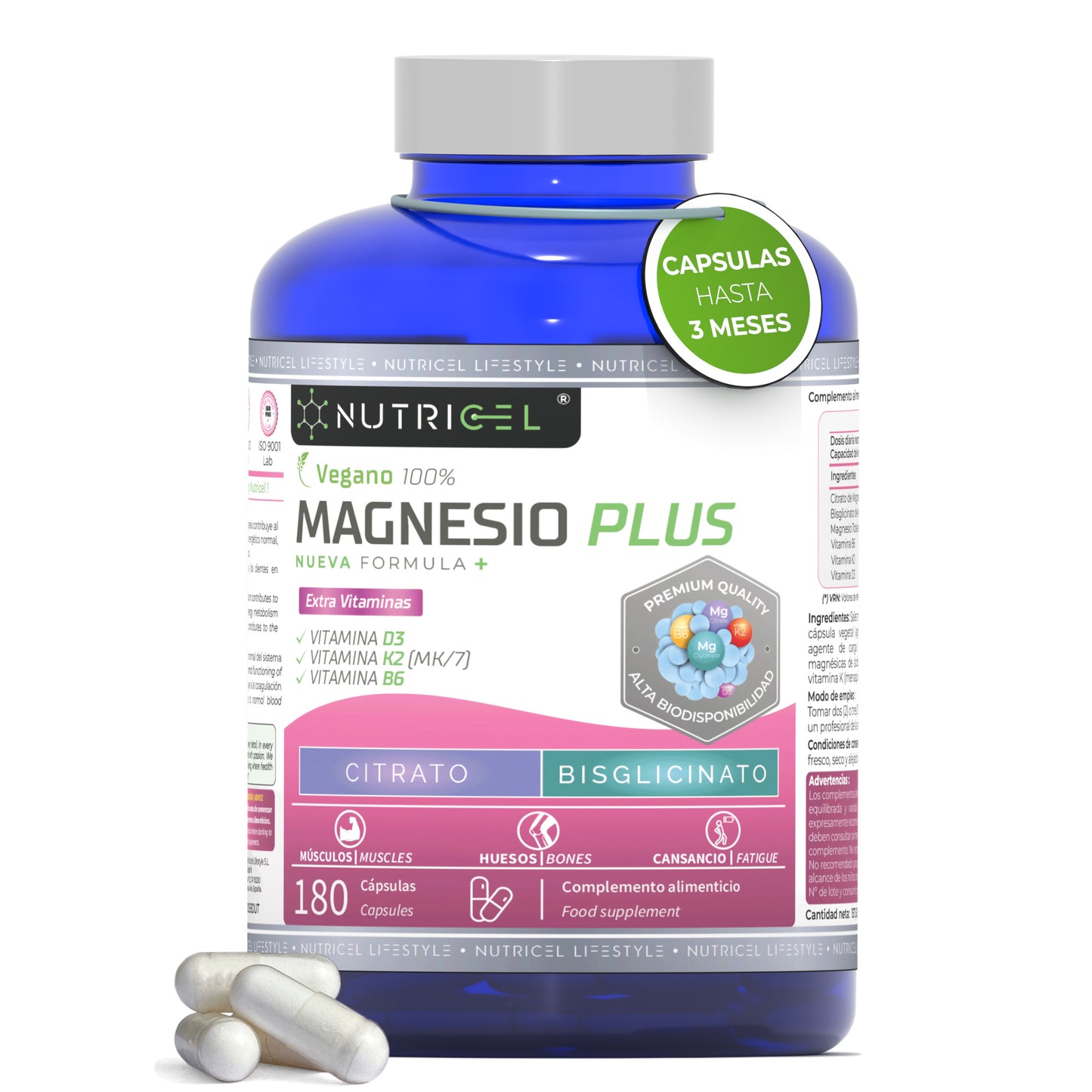 Magnesio Con Bisglicinato Y Citrato + Vitamina D3 Y K2 - 180 Cápsulas - Nutricel_0