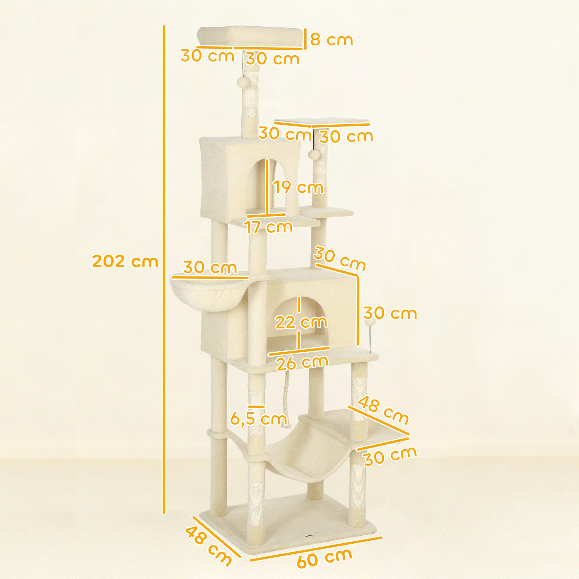 Pawhut Árbol Rascador Para Gatos 202 Cm Con Plataformas 2 Camas 2 Cuevas Beige_2