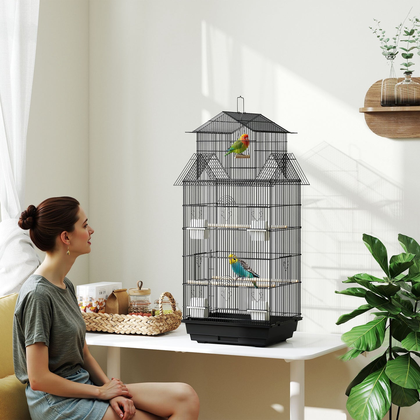 Pawhut Jaula Para Pájaros De Acero Con Comederos Perchas 50,5x41x104 Cm Negro_1