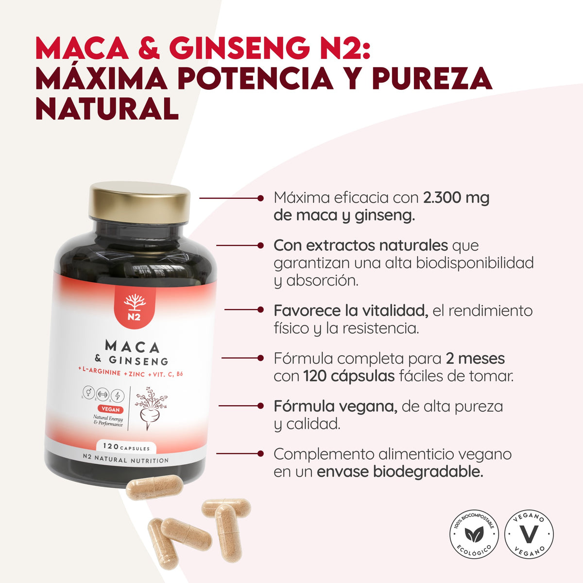 Maca + Ginseng 60 días Vitalidad N2 Natural Nutrition 120 cápsulas