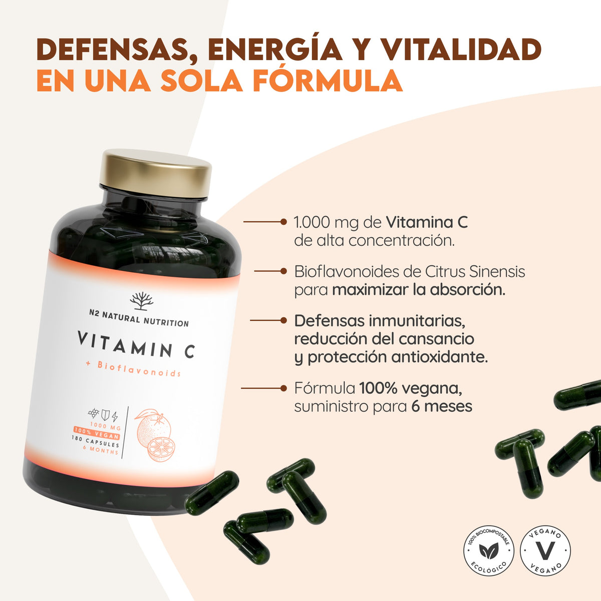 Vitamina C + Bioflavonoides 180 días Inmunidad N2 Natural Nutrition 180 cápsulas