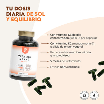 Vitamina D3 + K2 + Bambú 150 días Huesos N2 Natural Nutrition 150 cápsulas