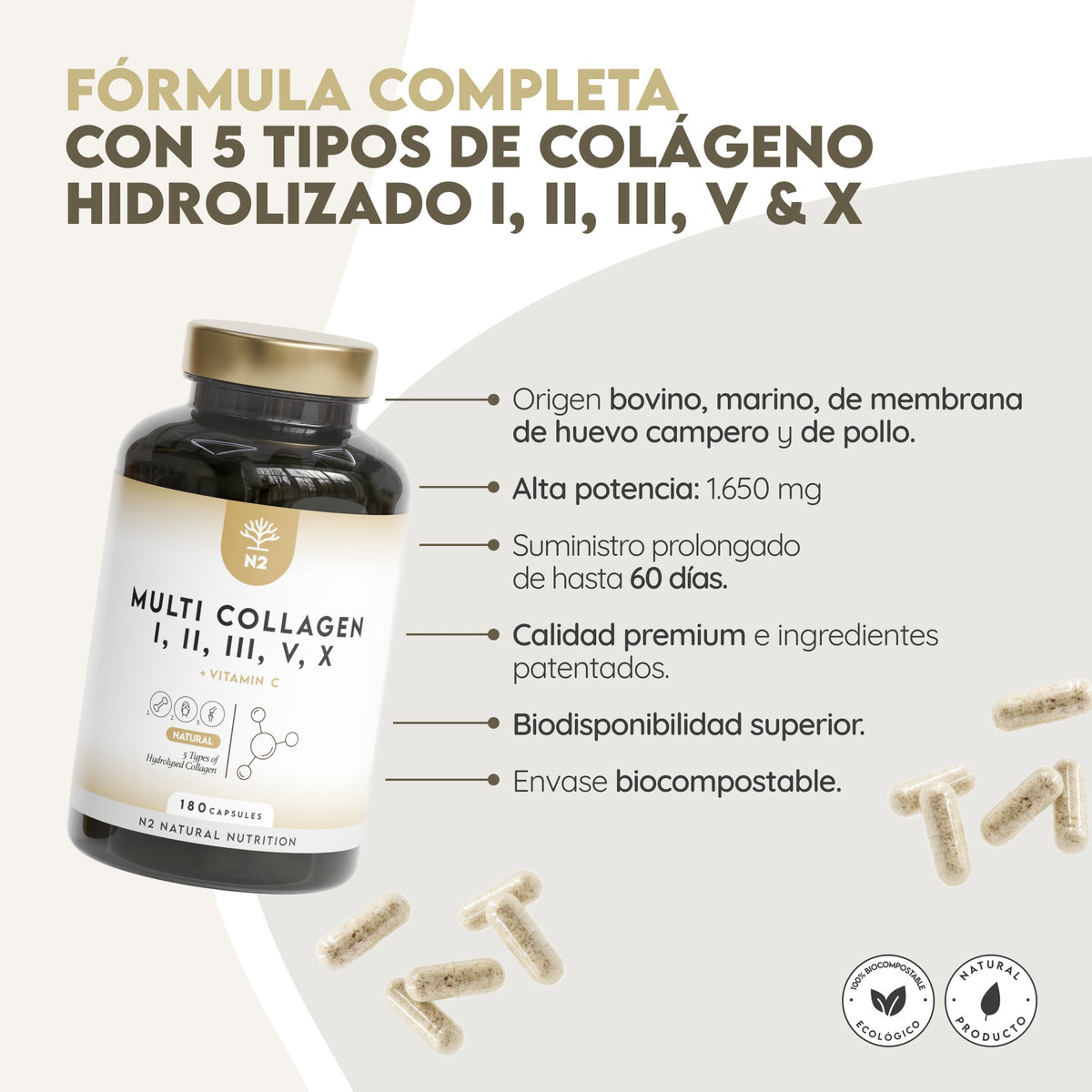Multi Colágeno 5 tipos 60 días Articulaciones N2 Natural Nutrition 180 cápsulas