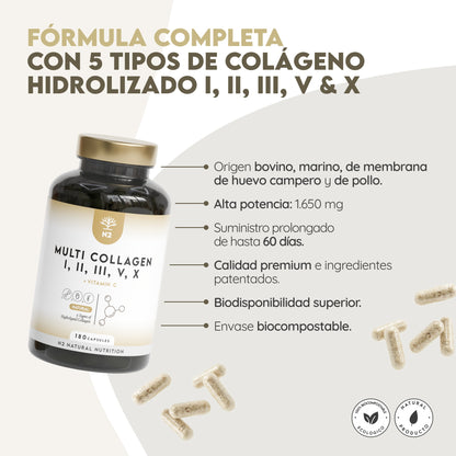 Multi Colágeno 5 tipos 60 días Articulaciones N2 Natural Nutrition 180 cápsulas