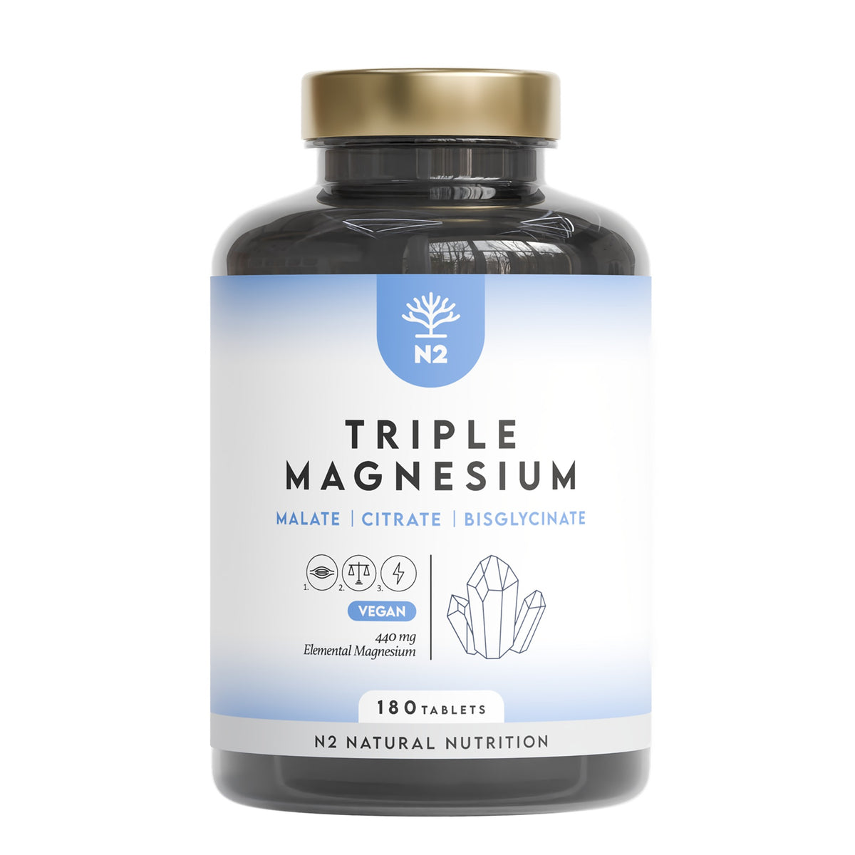 Triple Magnesio Citrato + Malato + Bisglicinato 90 días Relajación N2 Natural Nutrition 180 comprimidos