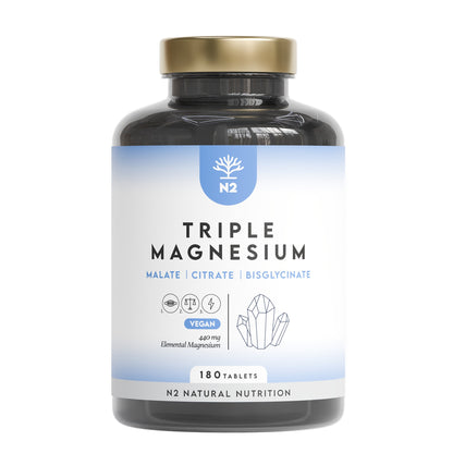 Triple Magnesio Citrato + Malato + Bisglicinato 90 días Relajación N2 Natural Nutrition 180 comprimidos