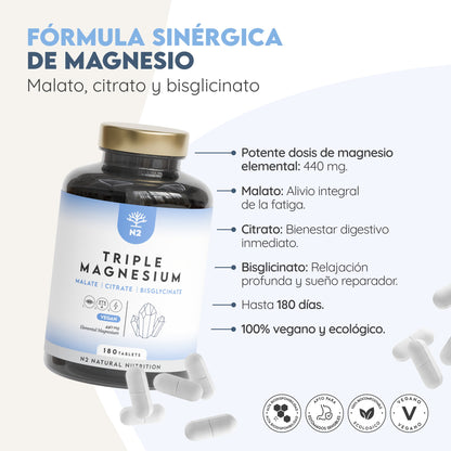 Triple Magnesio Citrato + Malato + Bisglicinato 90 días Relajación N2 Natural Nutrition 180 comprimidos
